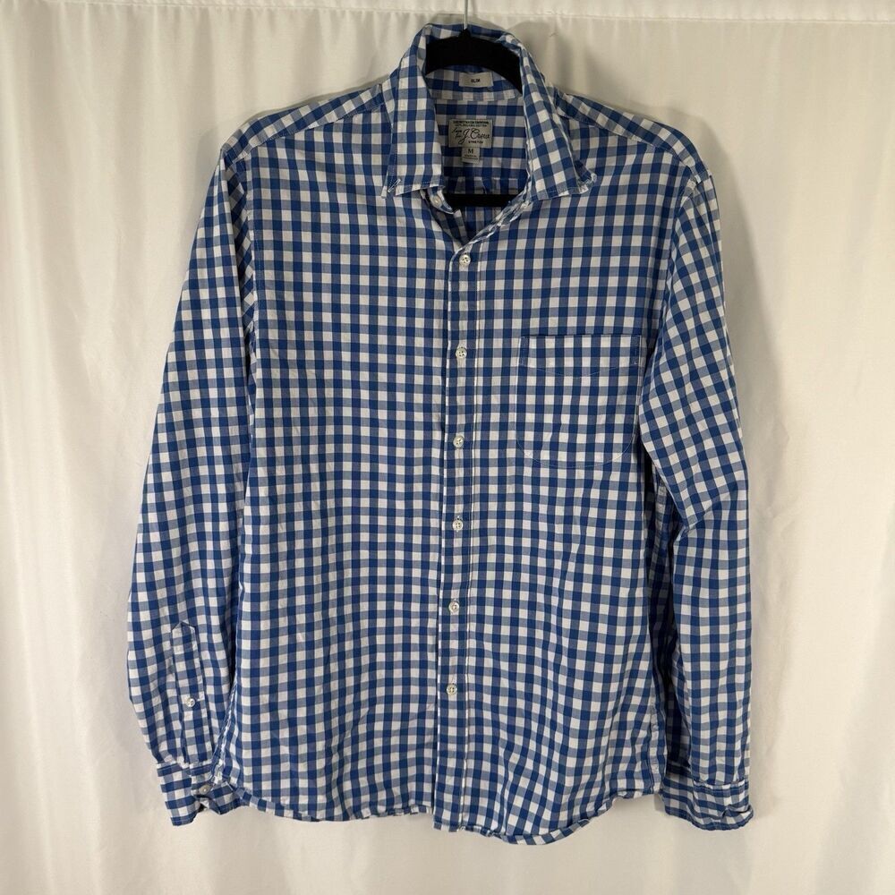 J. Crew Dress Shirt Mens Medium Blue White Plaid Organic Cotton Long Sleeve Slim